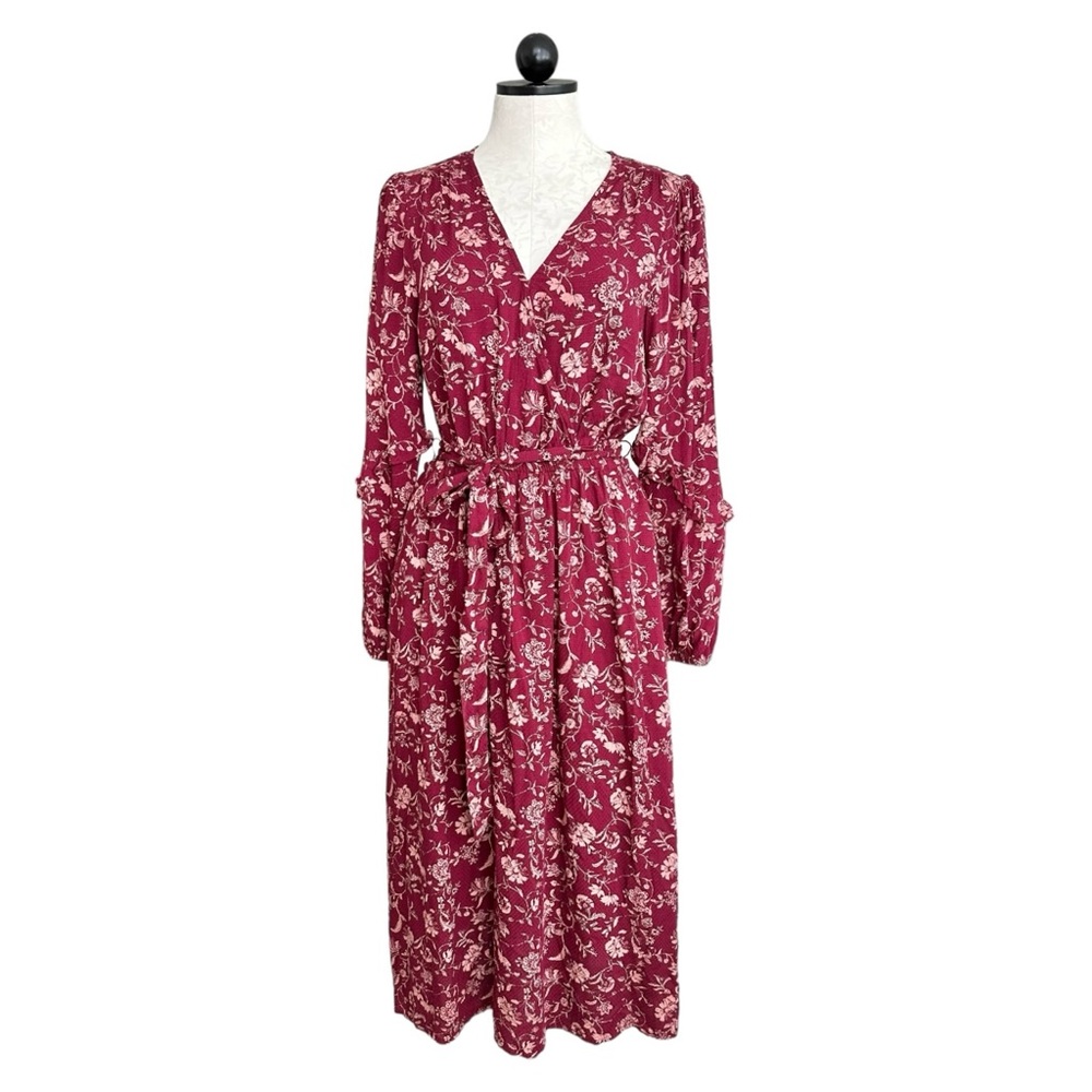 Knox Rose Burgundy Floral Midi Dress Boho Long Sleeve Surplice Neckline Size S - Picture 3 of 15